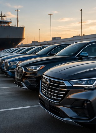 Premium cars lined up in a logistics terminal