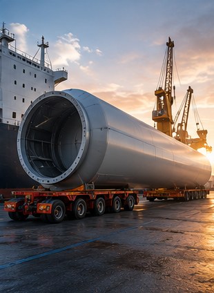 Oversized wind turbine component on a heavy transport trailer