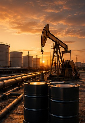 Oil pumpjack and storage tanks at sunset