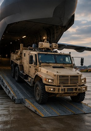 Military logistics vehicle loaded into a transport aircraft